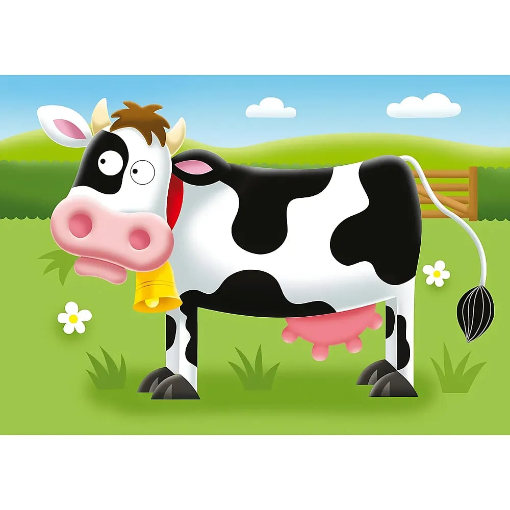 Una vaca de dibujos animados en blanco y negro con un cencerro está en un prado verde bajo un cielo azul.