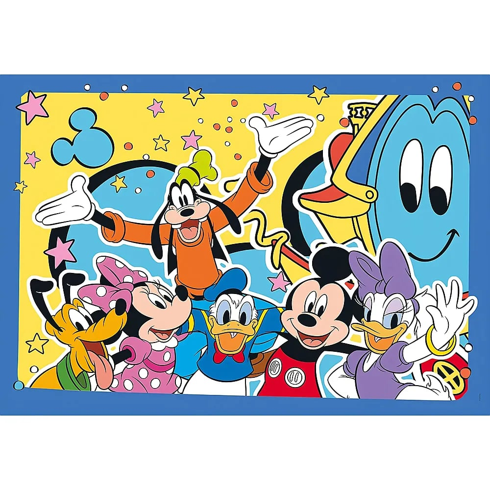Goofy, Minnie, Donald, Mickey, and Daisy smiling on a yellow background with stars.