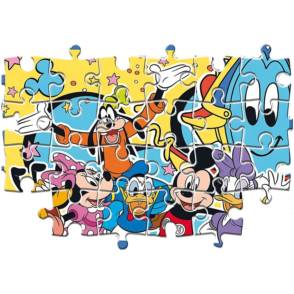 A colorful Disney puzzle featuring Goofy, Mickey Mouse, Minnie, and Donald Duck against a yellow background.