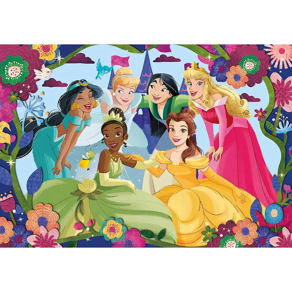 Seis princesas de Disney posan felices rodeadas de flores coloridas y un fondo de castillo.