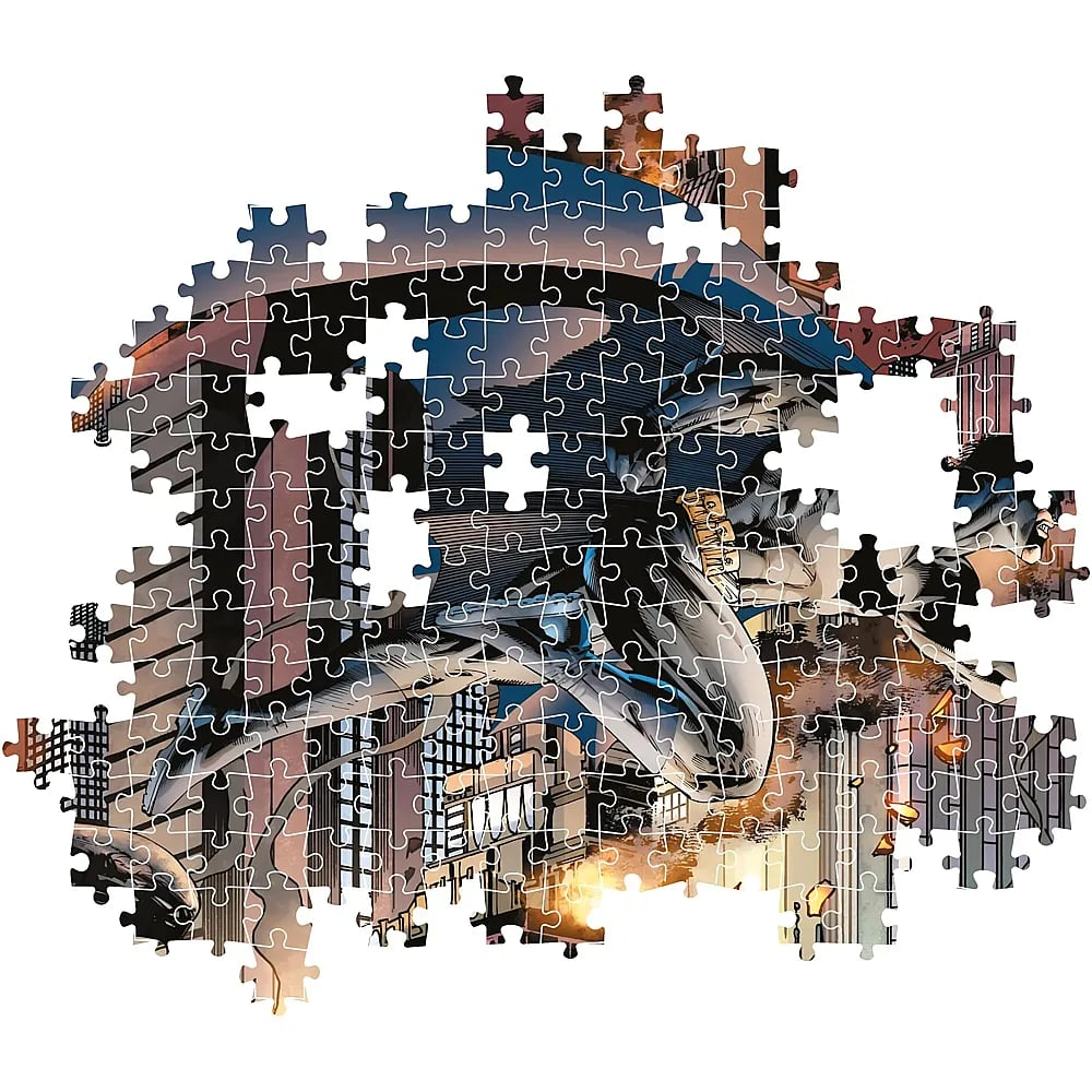 Un puzzle assemblato mostra un'illustrazione a fumetti incompleta di una figura in una città.