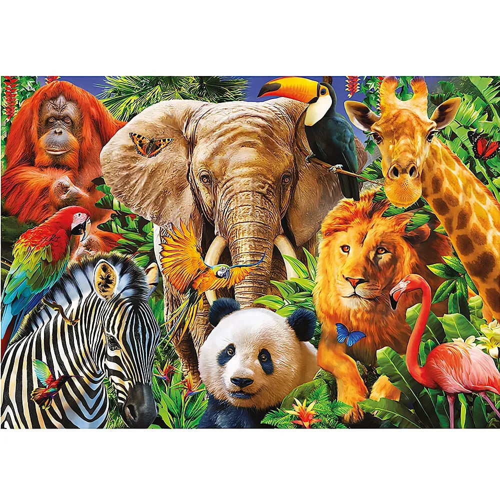 Eine bunte Dschungelszene mit Elefant, Löwe, Panda, Giraffe, Zebra, Tukan und anderen exotischen Tieren.
