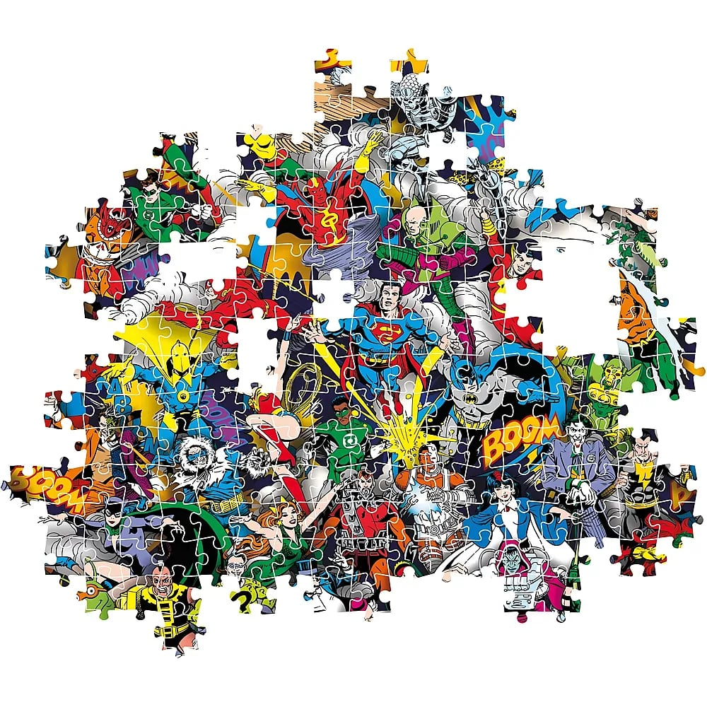 Ein farbiges Comic-Puzzle zeigt DC-Superhelden und Schurken in Aktion.