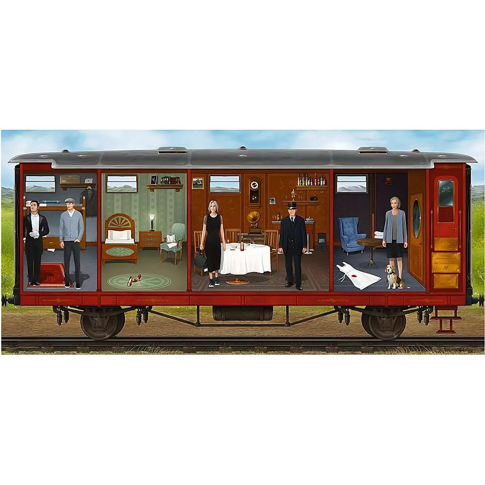 Sezione trasversale di una carrozza d'epoca che mostra quattro scomparti con vari personaggi e arredi.