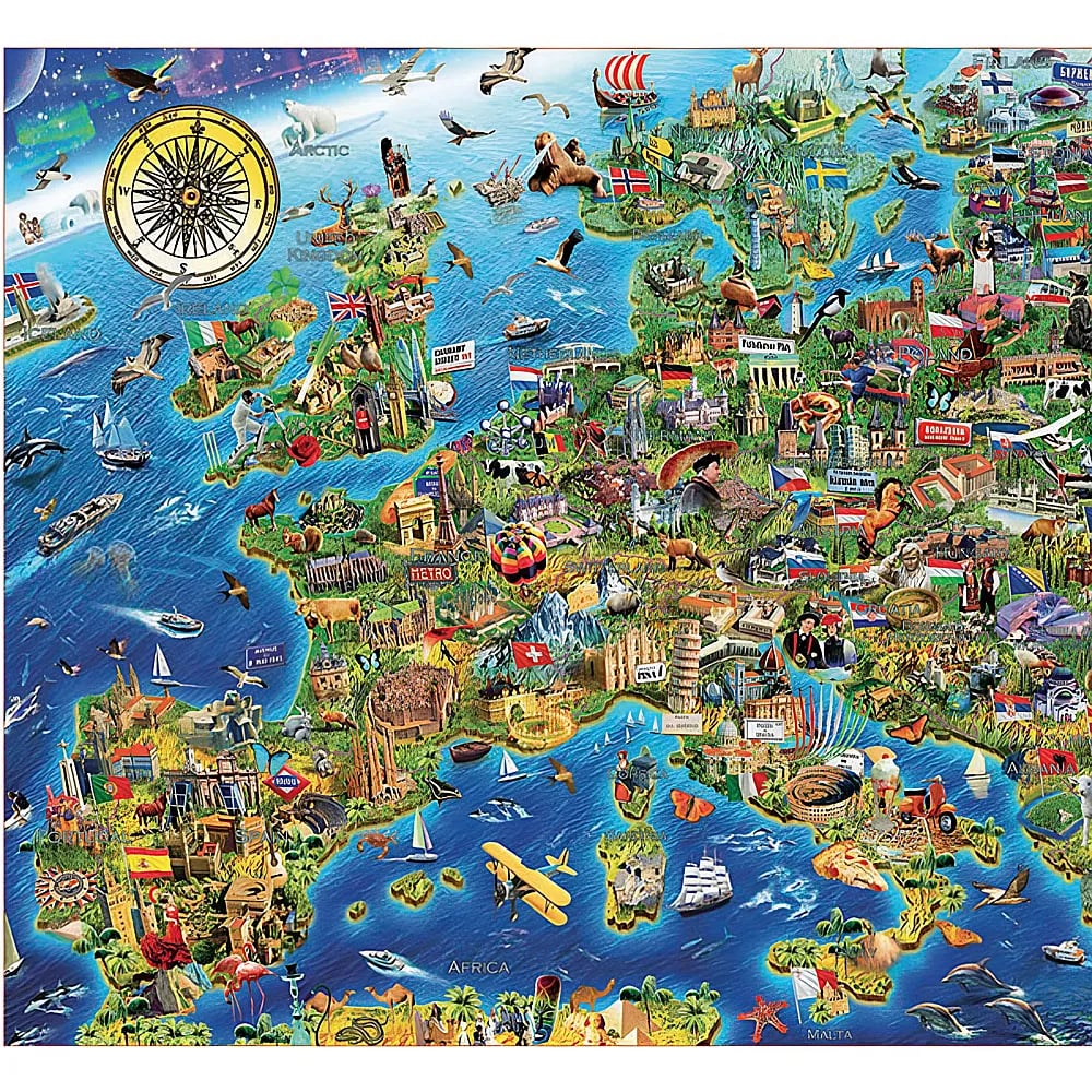 Eine bunte, illustrierte Karte von Europa mit Wahrzeichen, Tieren und Flaggen.