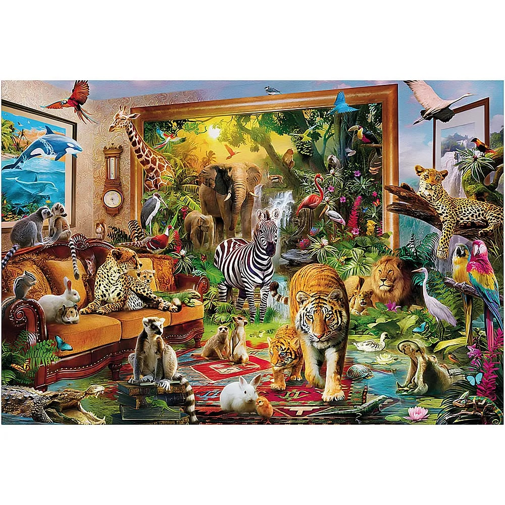Ein belebter Raum voller wilder Tiere wie Tiger, Zebra, Elefant und Giraffe, die in Kunst übergehen.