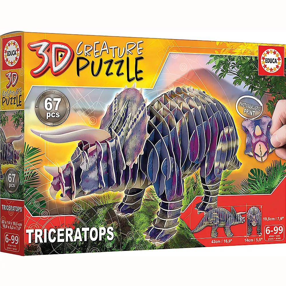 Eine gelbe Produktverpackung zeigt ein 3D-Triceratops-Puzzle mit 67 Teilen und bunten Details.