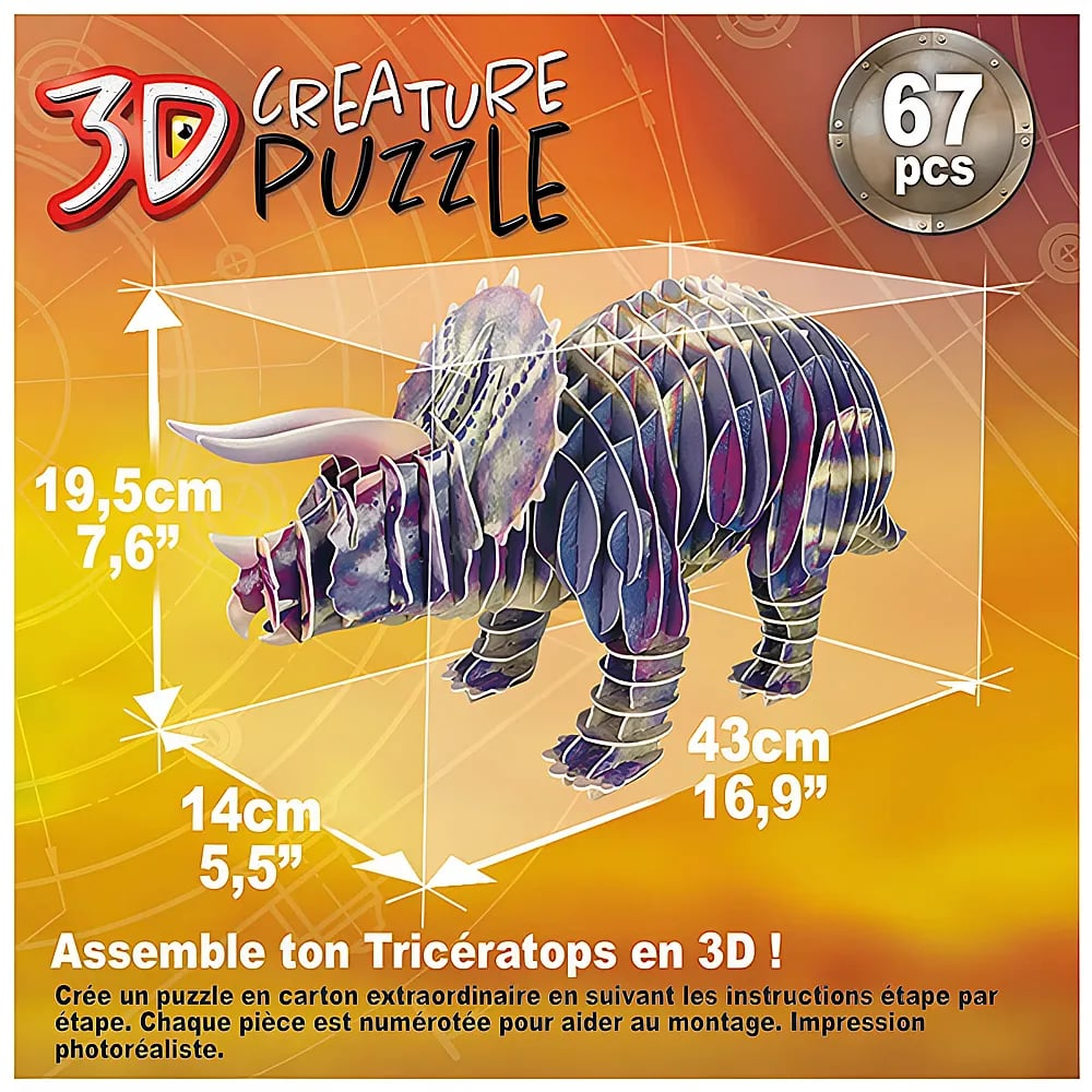 Verpackung eines 3D-Triceratops-Puzzles mit 67 Teilen und Maßangaben.