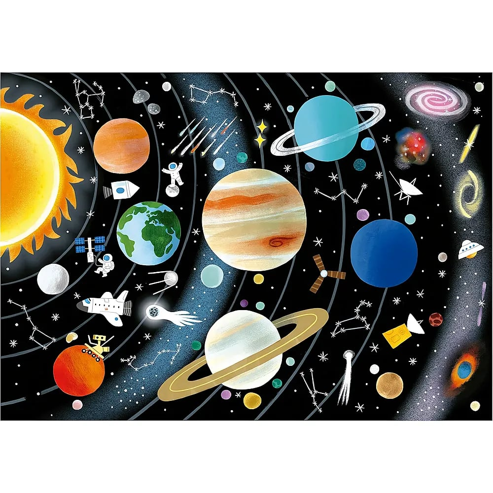 Un sistema solar ilustrado con planetas, el sol, estrellas, galaxias y naves espaciales sobre fondo negro.
