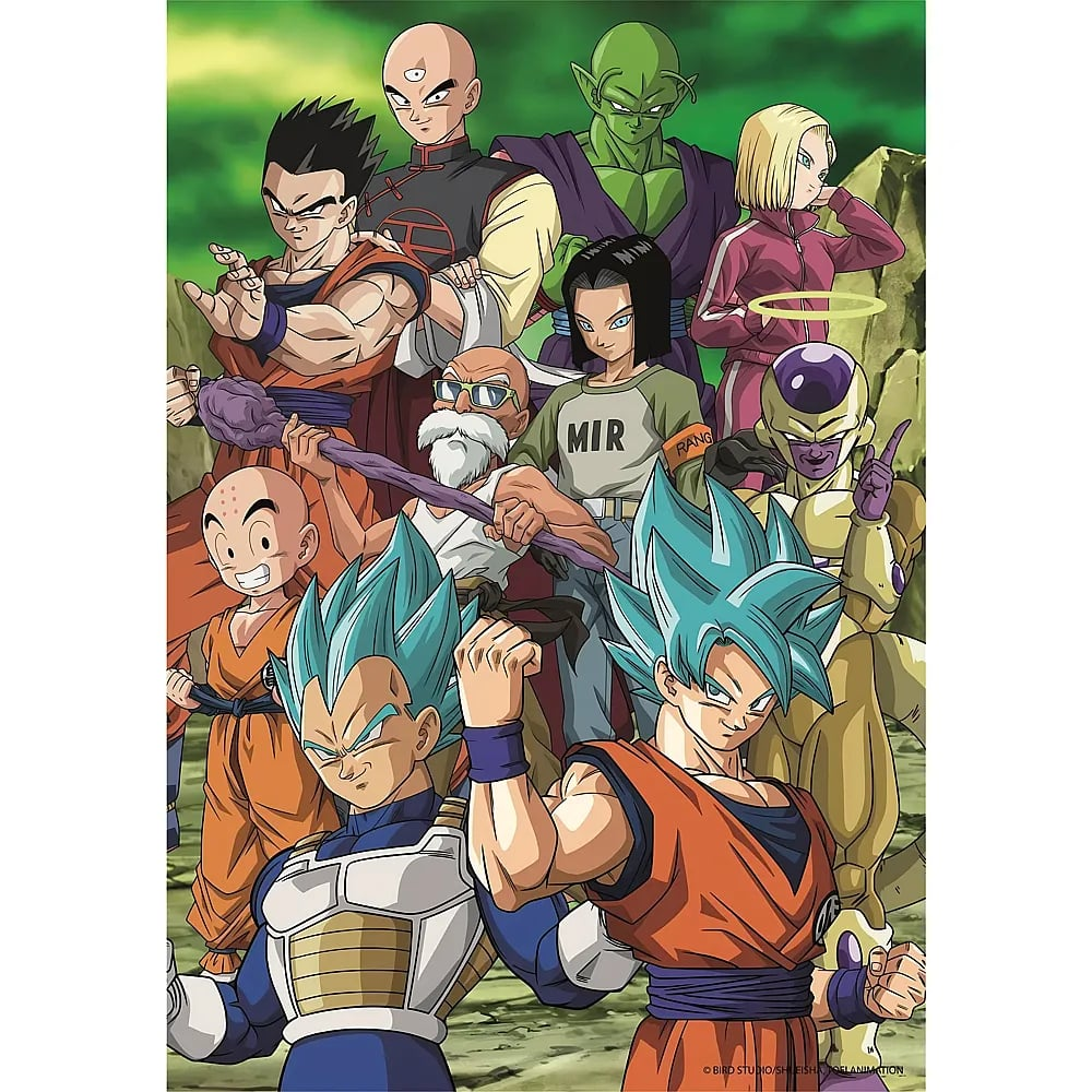 Grupo de personajes de Dragon Ball posando en un paisaje rocoso.