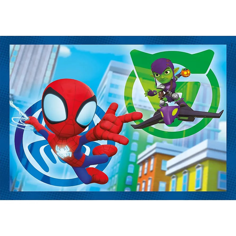 Spider-Man im Flug neben Green Goblin über einer bunten Stadt.