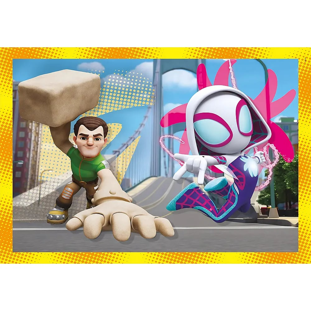 Animierte Charaktere, darunter Sandman mit großer Hand und Ghost-Spider, in einer Stadt mit Brücke.