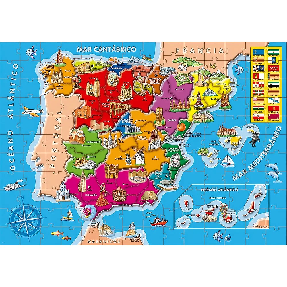 Eine bunt illustrierte Kinder-Puzzlekarte von Spanien zeigt Regionen, Wahrzeichen und angrenzende Meere.
