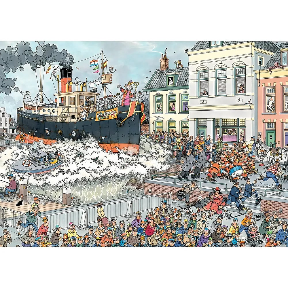 Ein großes Dampfschiff läuft in einen überfüllten Hafen ein und erzeugt große Wellen, die Schaulustige erschrecken.