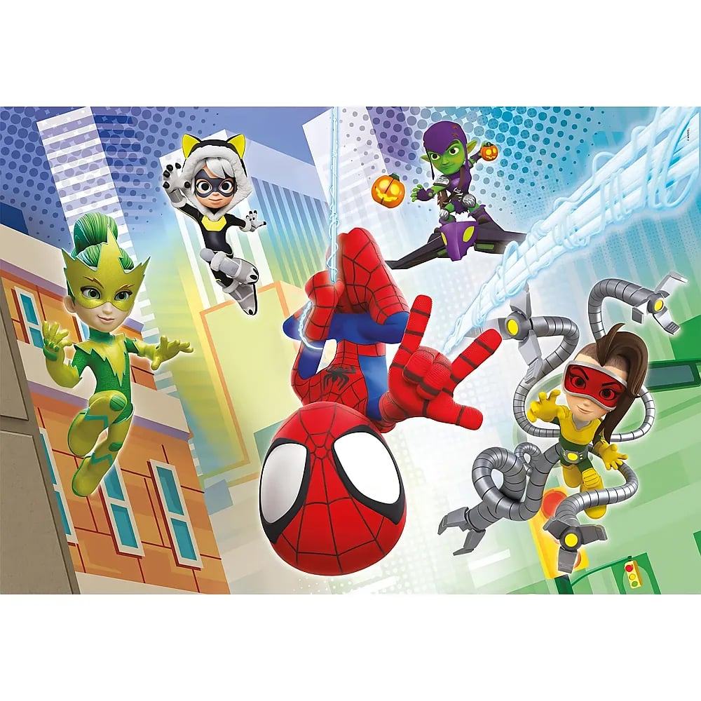 Spiderman hängt kopfüber mit Superhelden-Freunden und Bösewichten vor einer Comic-Stadt.