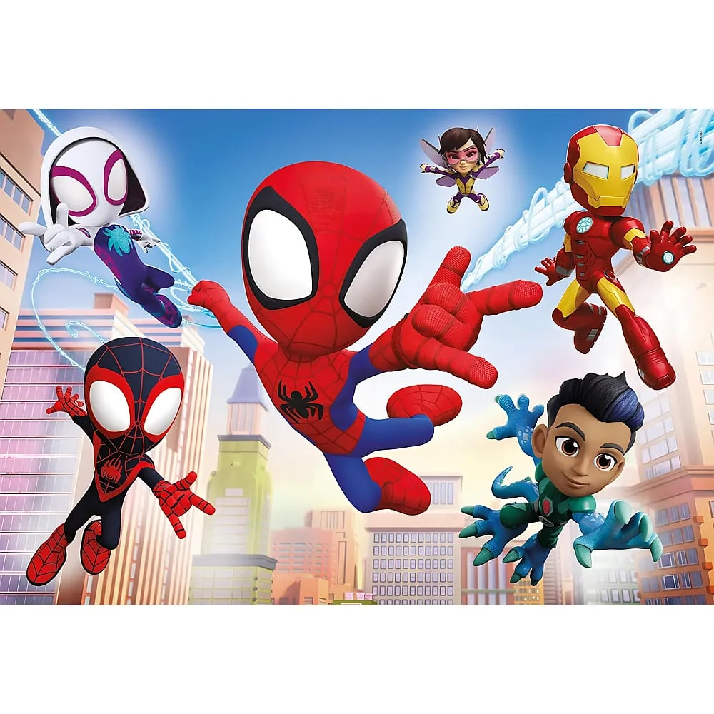 Animierte Superhelden Spider-Man, Ghost-Spider, Iron Man und andere fliegen über eine Stadt.