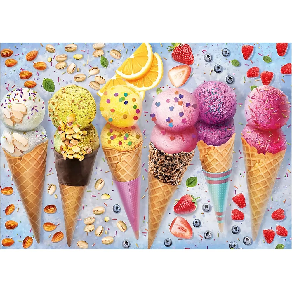 Seis conos de helado con varias bolas, frutas y frutos secos sobre fondo azul.