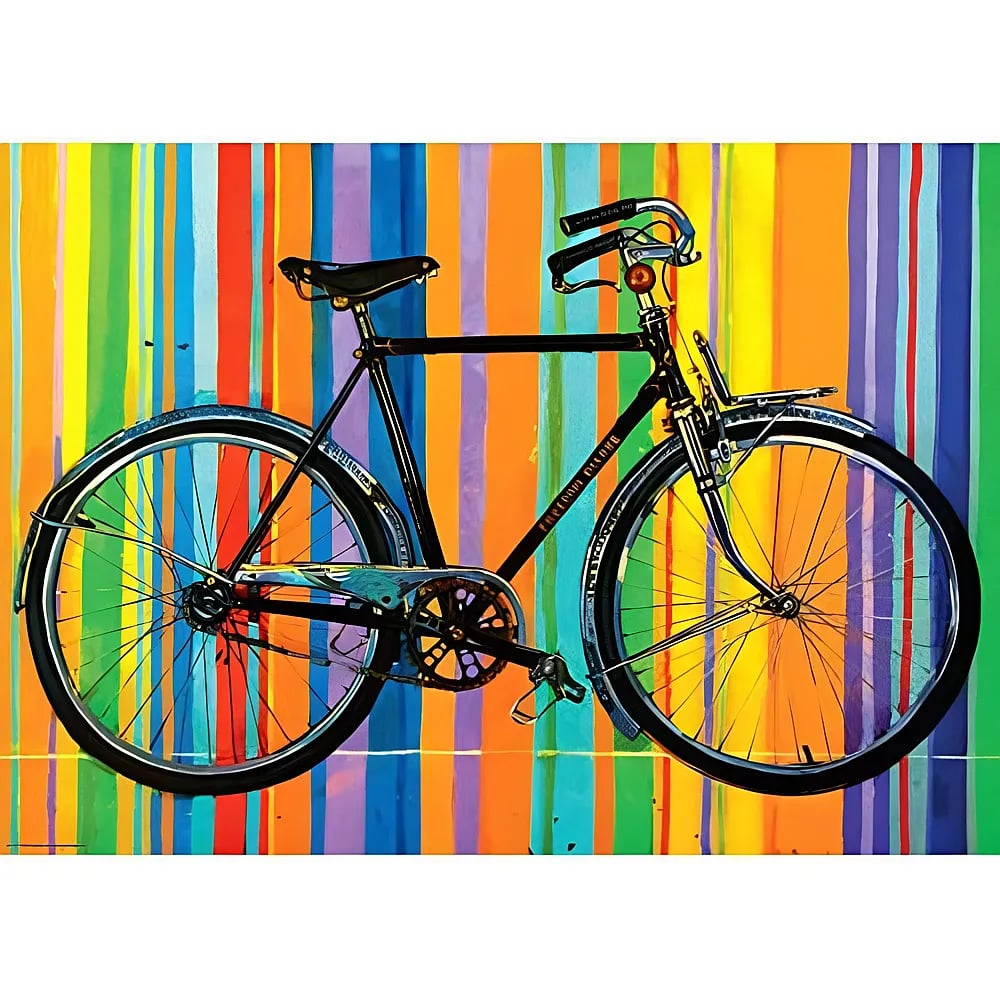 Ein schwarzes Fahrrad vor einem bunten, gestreiften Hintergrund in Gelb, Orange und Blau.