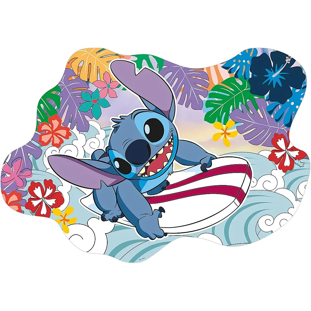 Stitch surfa felicemente su una tavola bianca e rossa, circondato da fiori colorati e foglie tropicali.