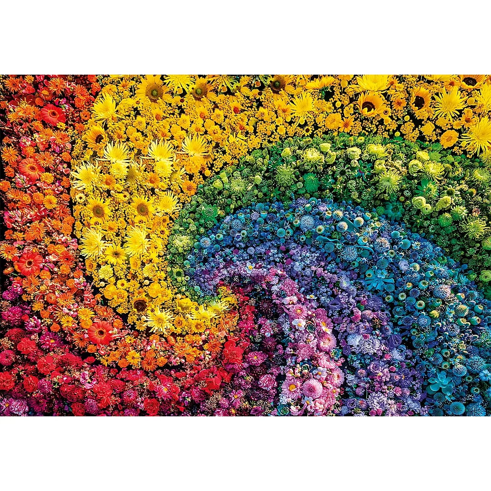 Un vibrante conjunto de flores coloridas dispuestas en un patrón de espiral con los colores del arcoíris.