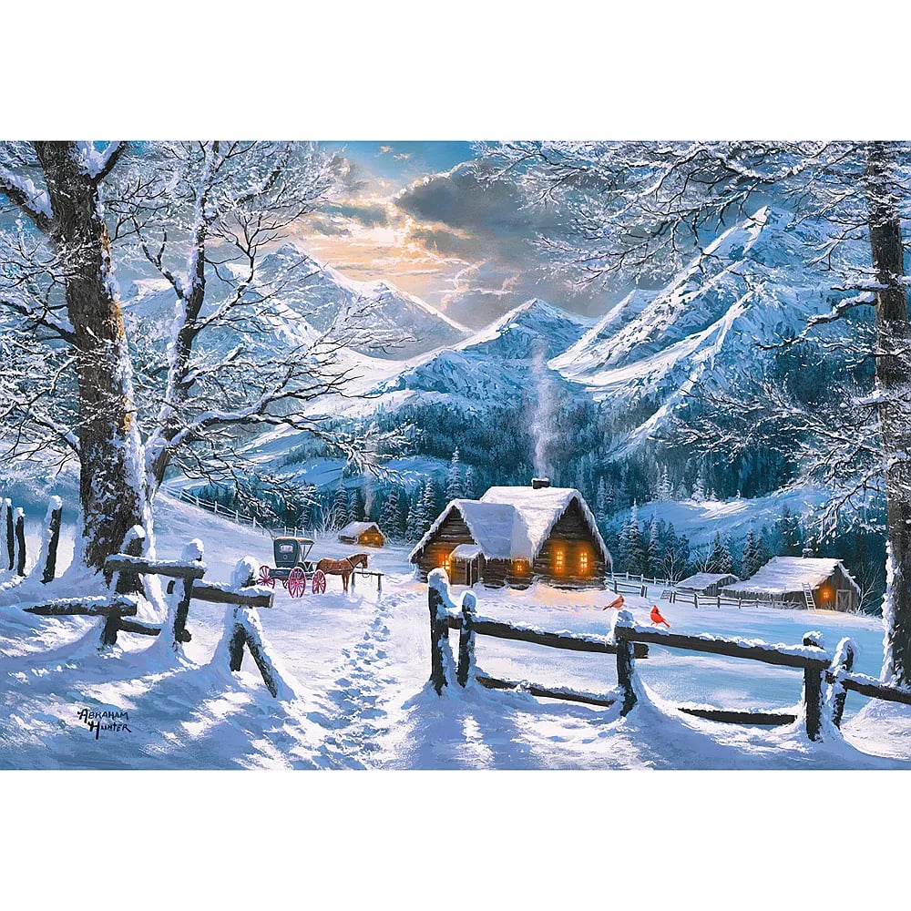 Eine verschneite Wintergebirgslandschaft mit gemütlicher Hütte, Pferdekutsche und verschneiten Bäumen.