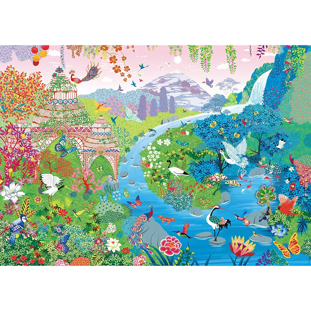 Eine bunte Fantasielandschaft mit Fluss, Bergen, Pavillon, vielen exotischen Vögeln und Blumen.