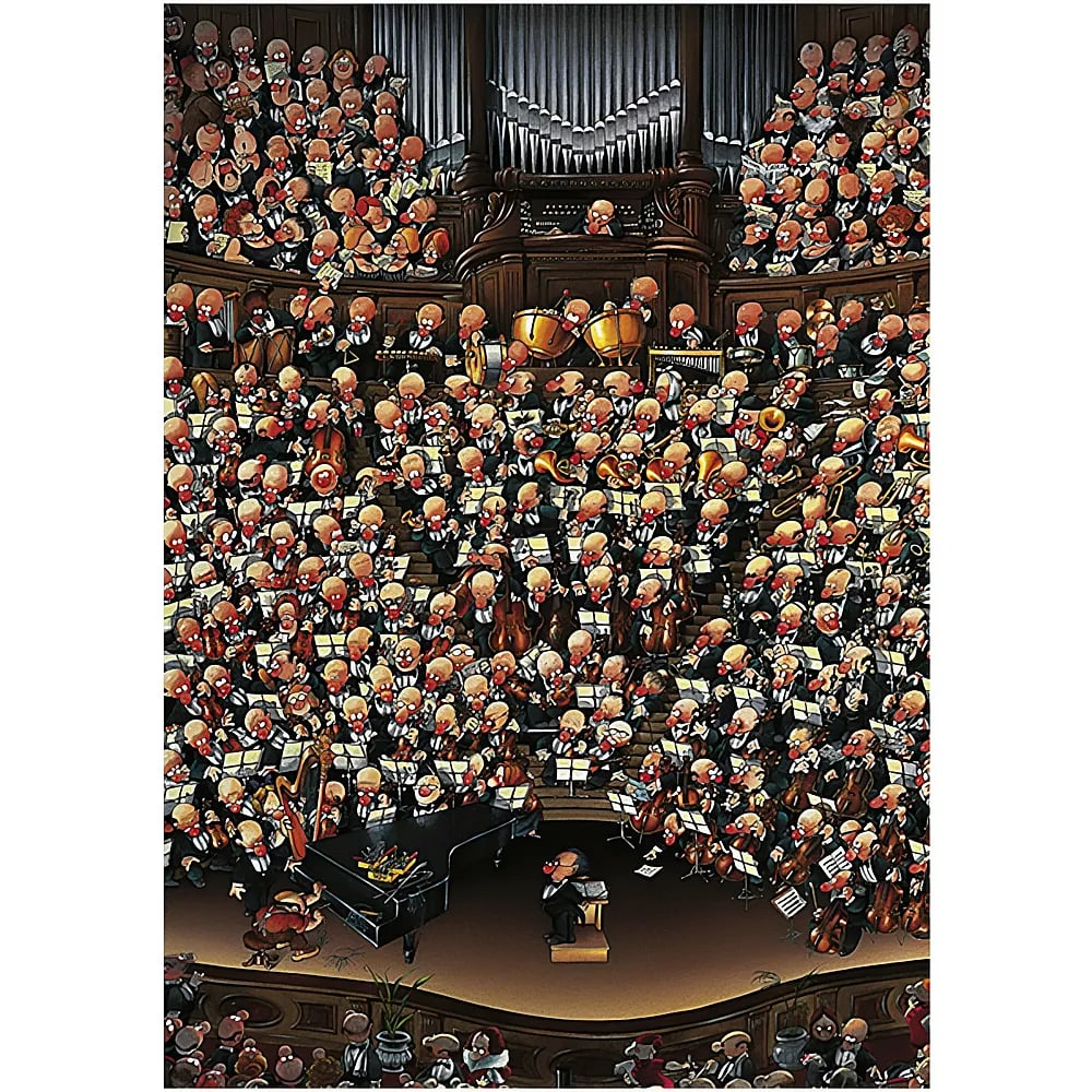 Une illustration humoristique de dessin animé d'un grand orchestre jouant dans une grande salle.