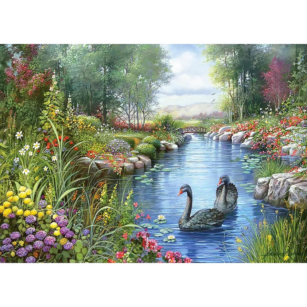 Two black swans swim on a tranquil river, surrounded by colorful flowers and lush forest.