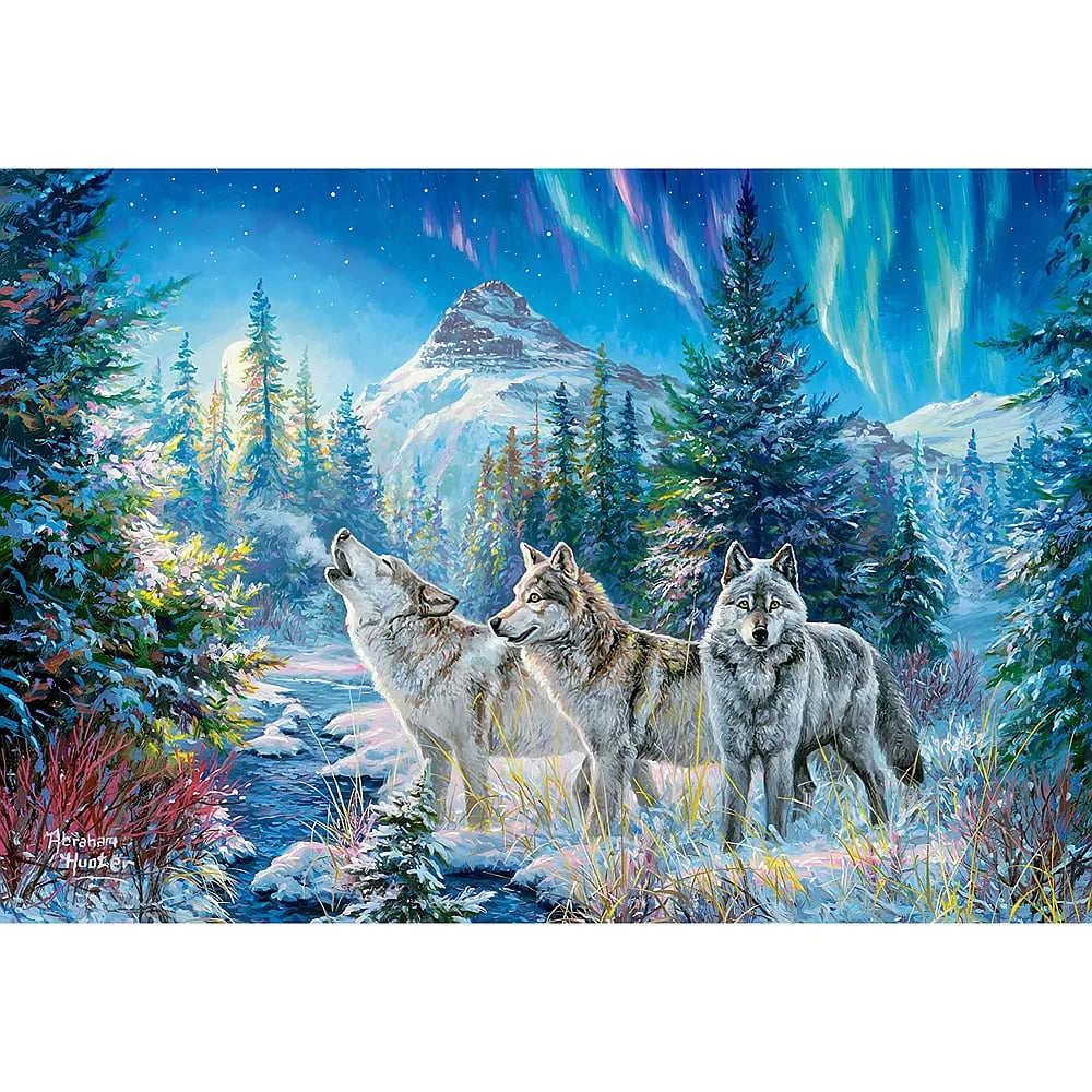 Three wolves in a snowy forest beneath a vibrant aurora borealis and bright moon in the night sky.