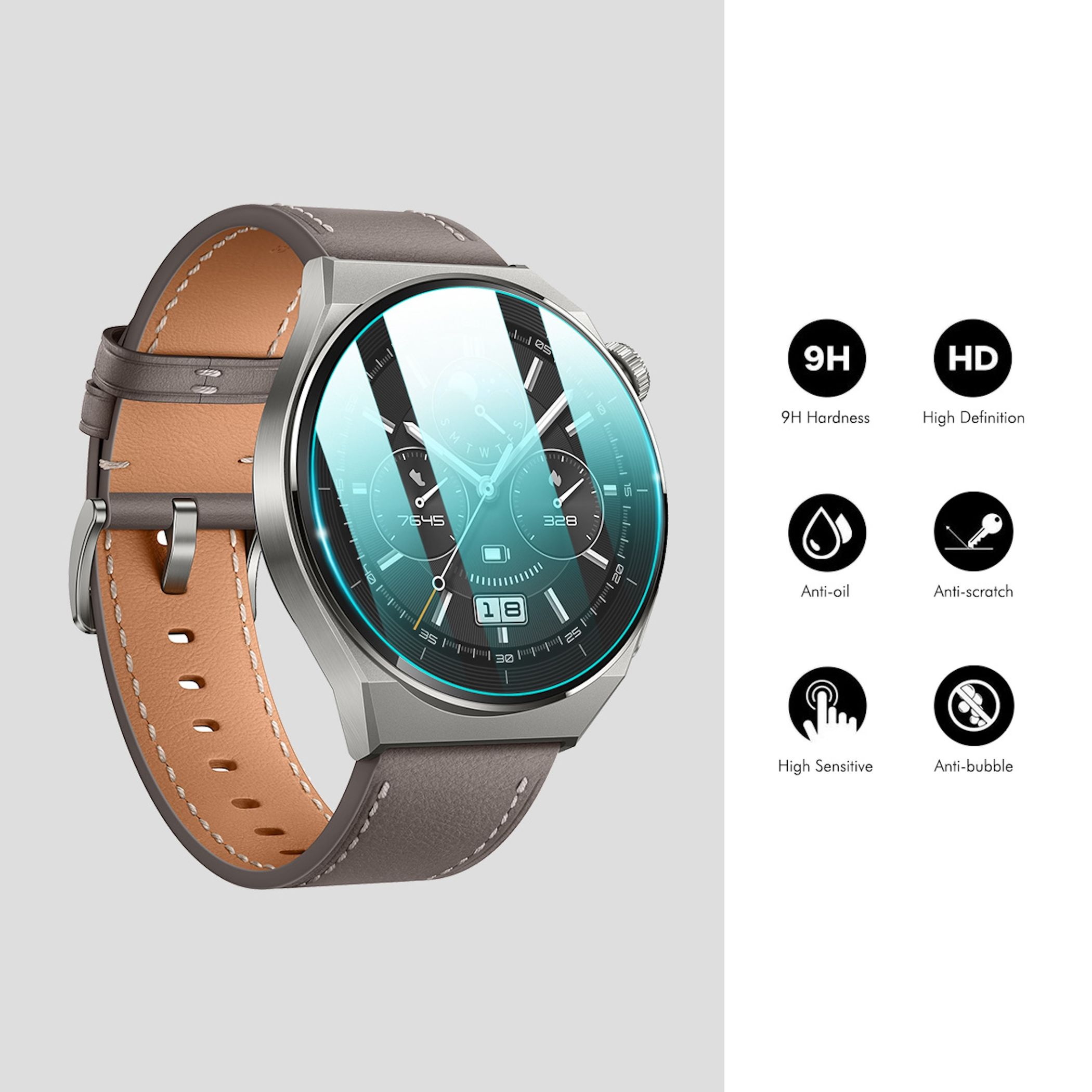 Smartwatch mit Lederarmband und Displayschutz, begleitet von sechs Icons mit Produktmerkmalen.