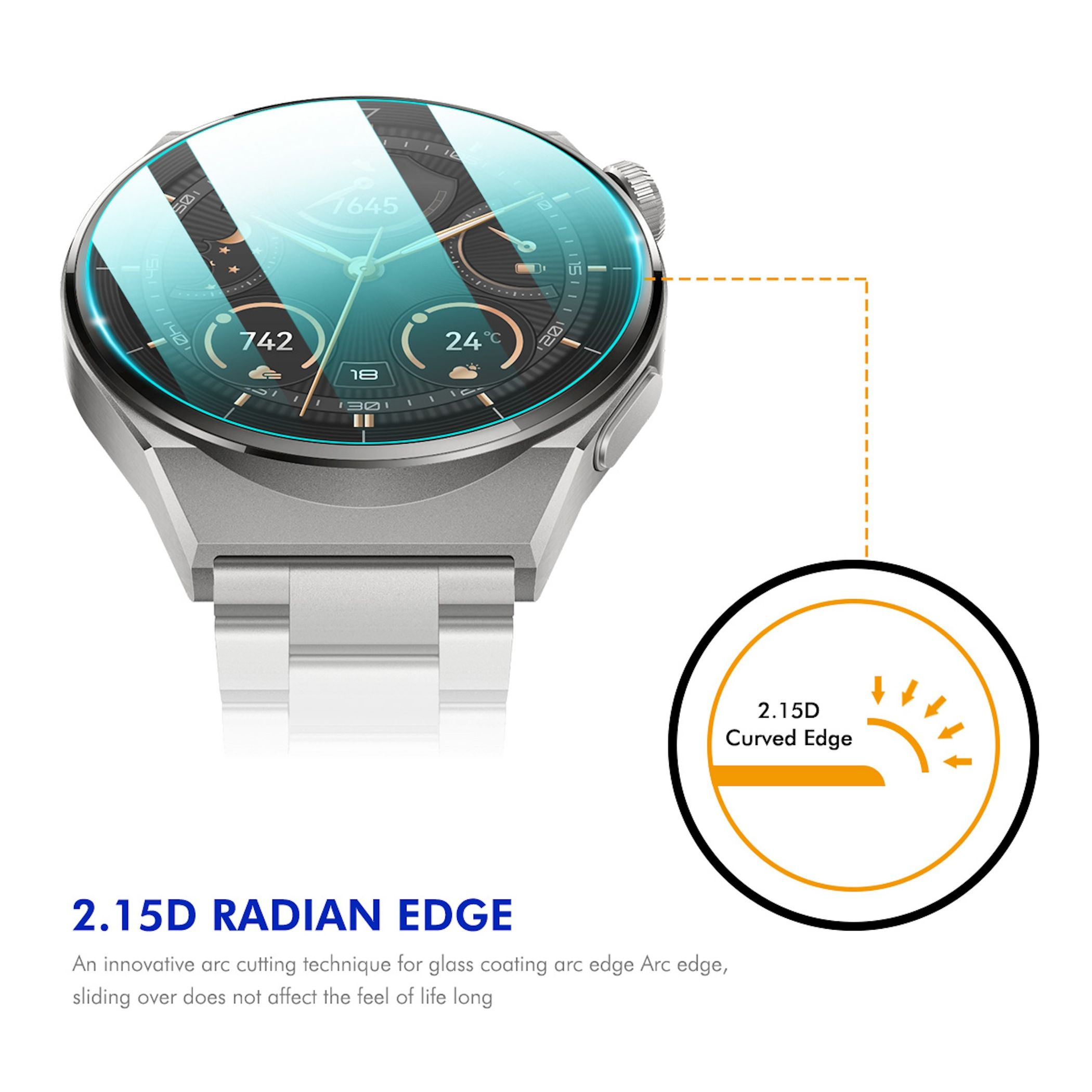 Silberne Smartwatch mit blau schimmerndem Display und Lupe für die gekrümmte 2.15D Kante.