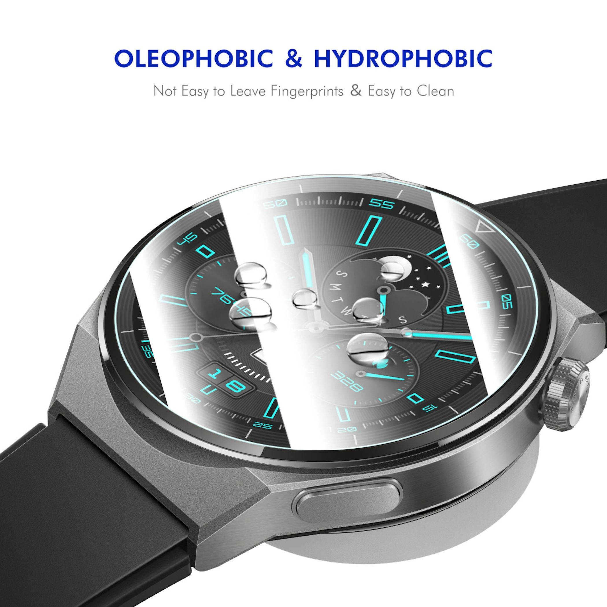 Eine Smartwatch mit Wassertropfen auf dem runden Display und schwarzem Armband.