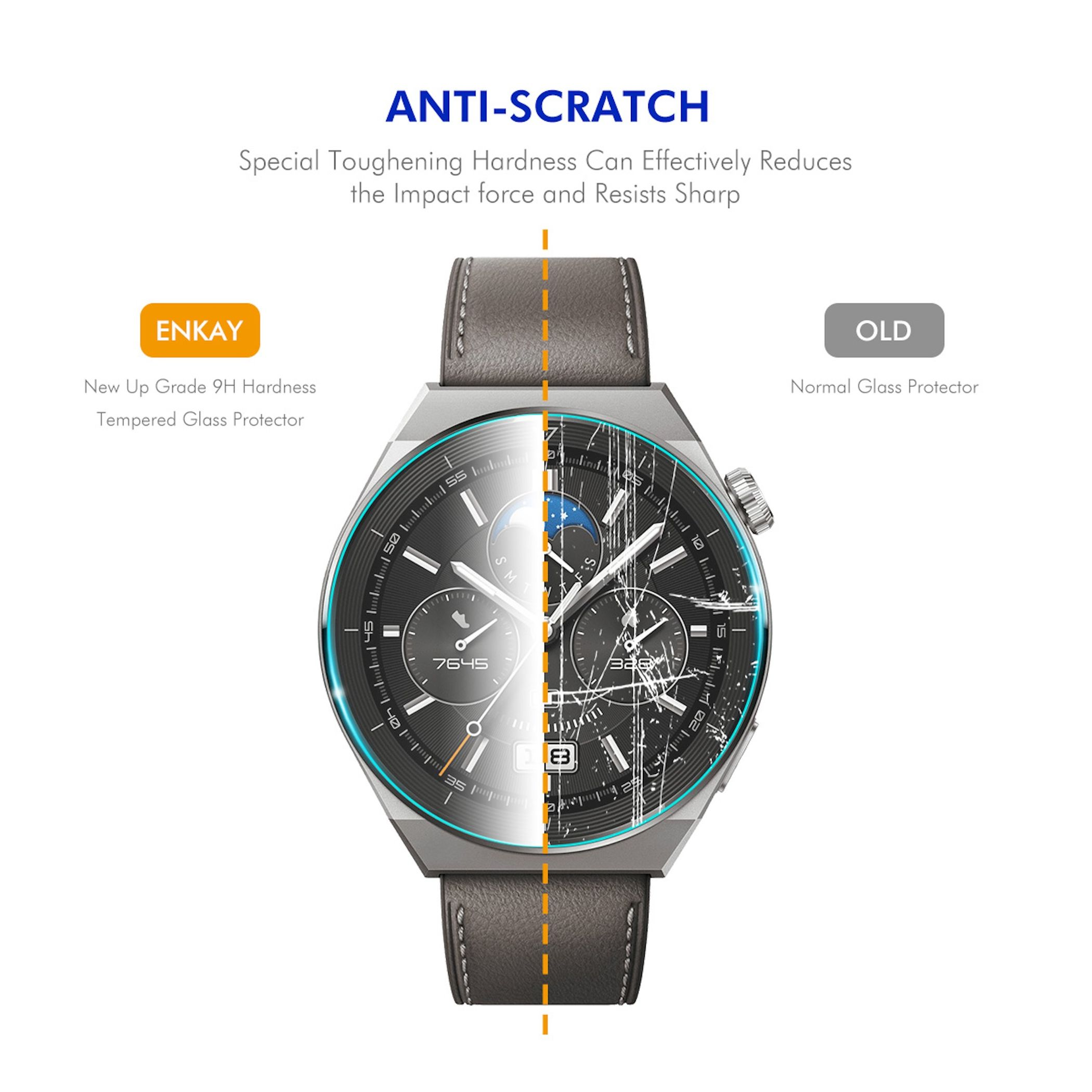 Vergleich einer zerkratzten alten Schutzfolie und einer intakten Enkay-Glasfolie auf einer Smartwatch.