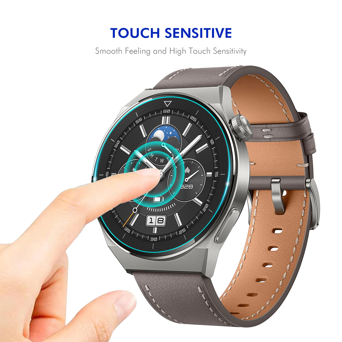 Ein Finger berührt den Touchscreen einer silbernen Smartwatch mit braunem Lederarmband.