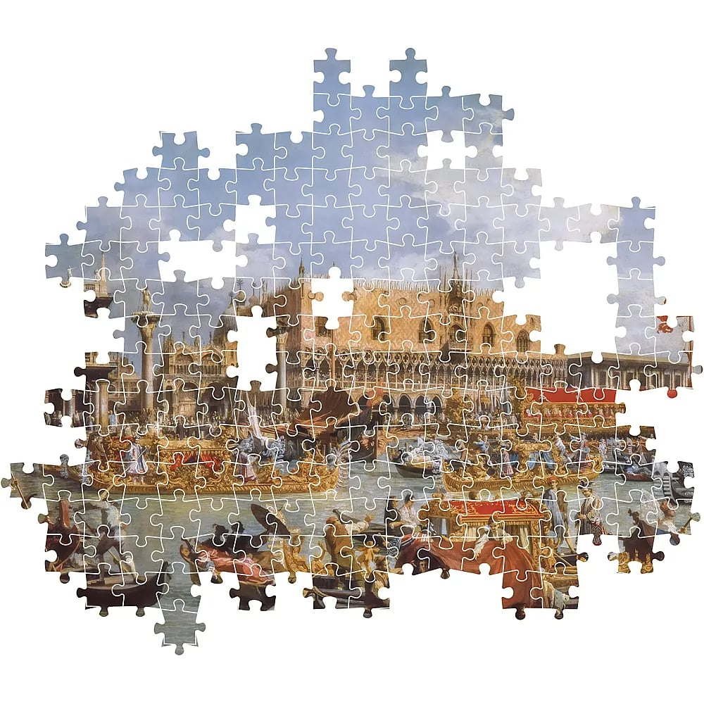 Un puzzle incomplet montre une scène vénitienne historique avec des bateaux.