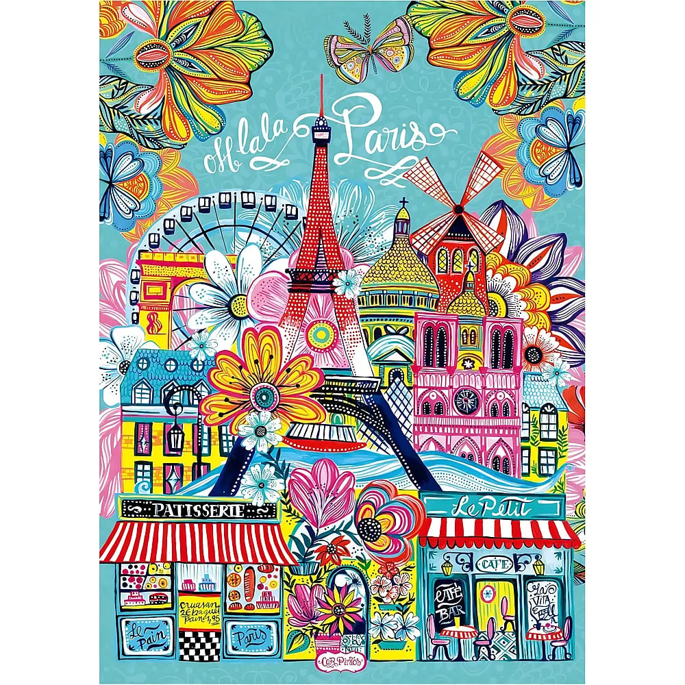 Colorida ilustración de monumentos de París, flores y cafés sobre fondo azul.