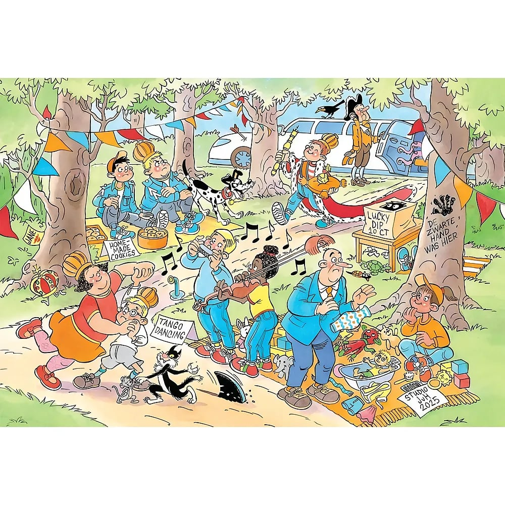 Bunte Zeichentrickszene im Park mit tanzenden Menschen, Musikanten, Katzen und einer Limousine im Hintergrund.