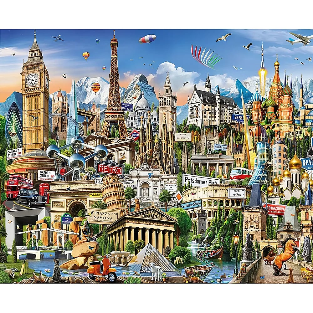 Eine bunte Collage weltweiter Wahrzeichen wie Eiffelturm, Big Ben und Kolosseum unter blauem Himmel.