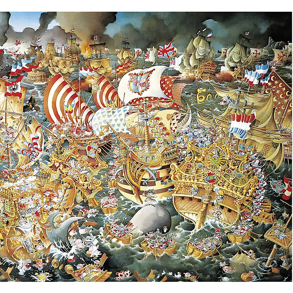 Eine bunte, detailreiche Illustration einer großen Seeschlacht mit vielen verzierten Segelschiffen.