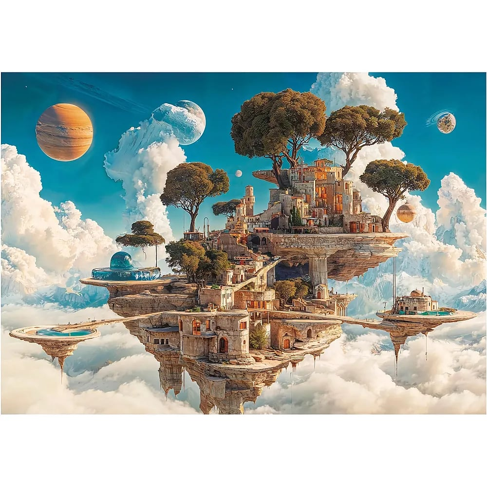 Un'isola galleggiante fantastica con edifici antichi, alberi e grandi pianeti in un cielo blu.