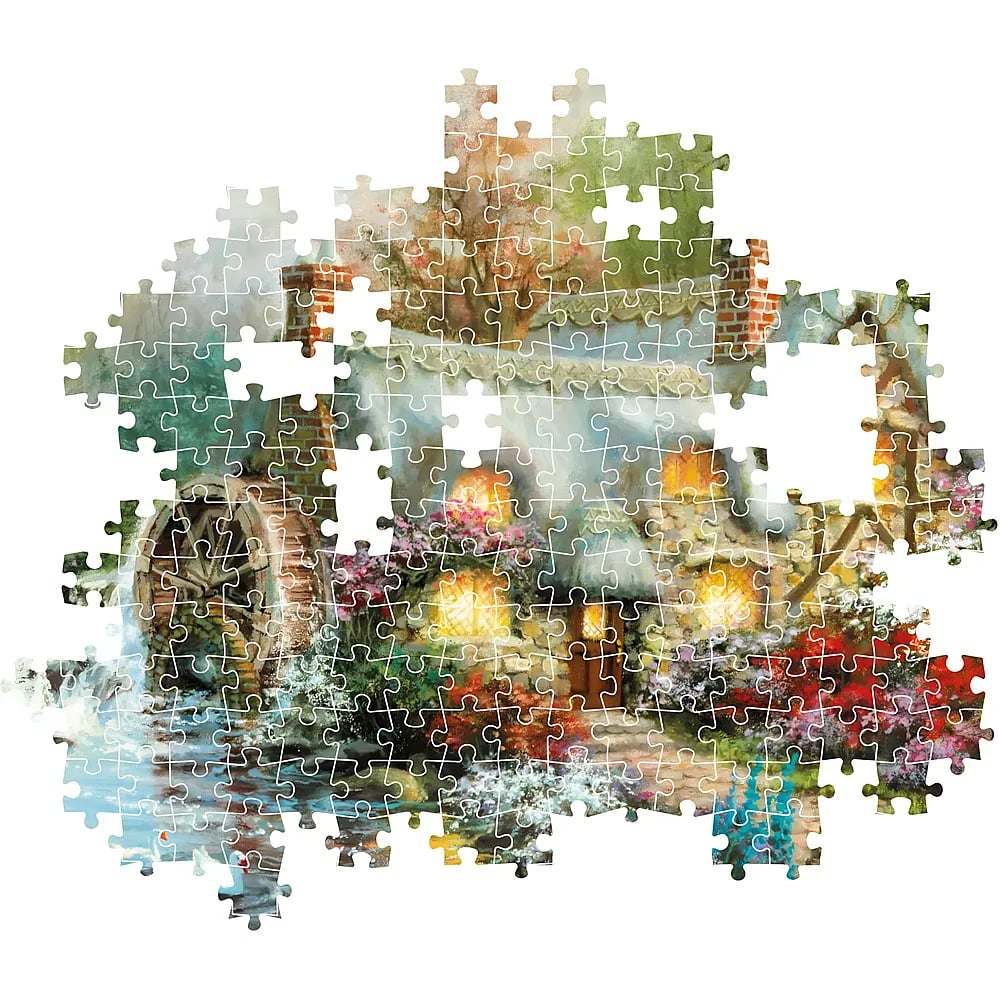Een onvoltooide puzzel toont een schilderachtige watermolen met een bloemrijke tuin en oplichtende ramen.