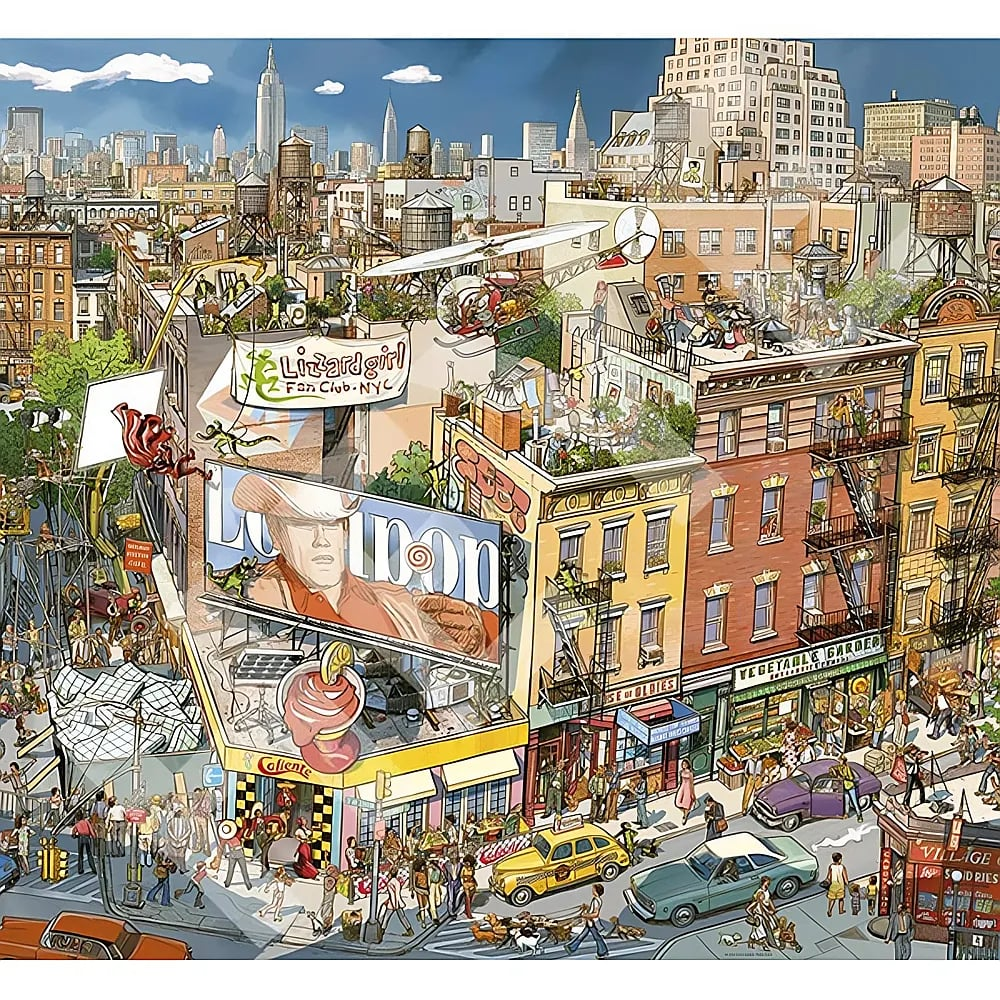 Une scène de rue animée à New York avec des bâtiments colorés, un hélicoptère et des piétons.
