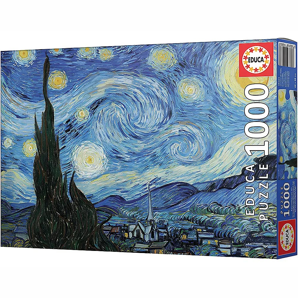 Caja de puzzle Educa de 1000 piezas con La noche estrellada de Van Gogh, cielo arremolinado y ciprés.