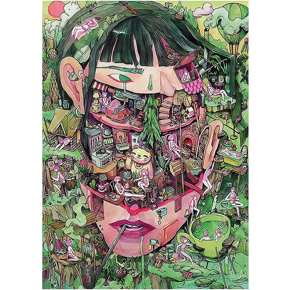Illustration surréaliste d'un visage de femme géant abritant des pièces miniatures complexes et de minuscules personnages.