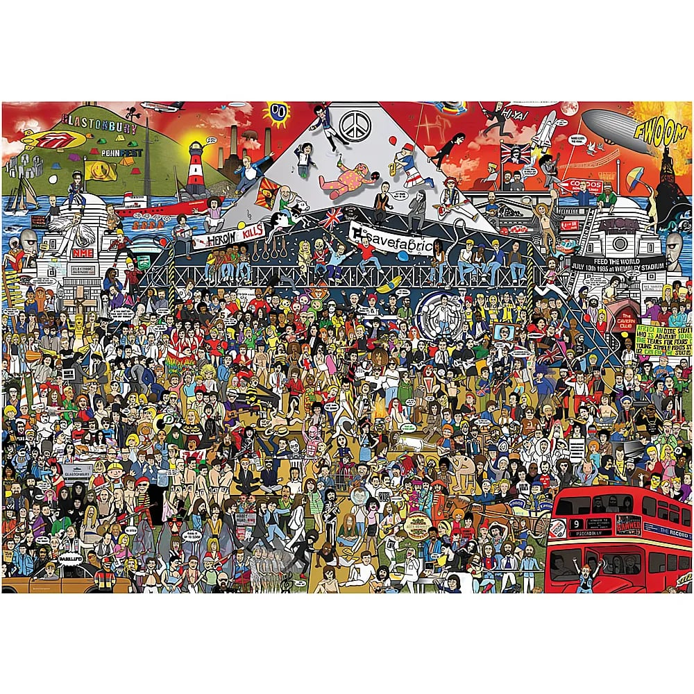 Wimmelbild mit vielen Musikern, Festivalzelten, einer roten Doppeldeckerbus und einer bunten Menschenmenge vor einer Bühne.
