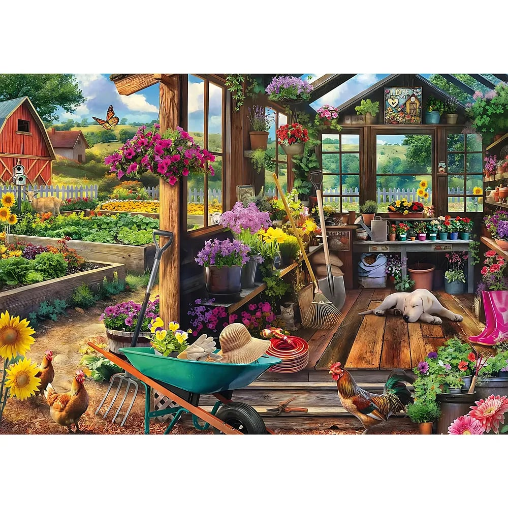 Gemälde einer Gartenhütte mit blühenden Blumen, einer Schubkarre, einem Hund, Hühnern und einer ländlichen Landschaft.