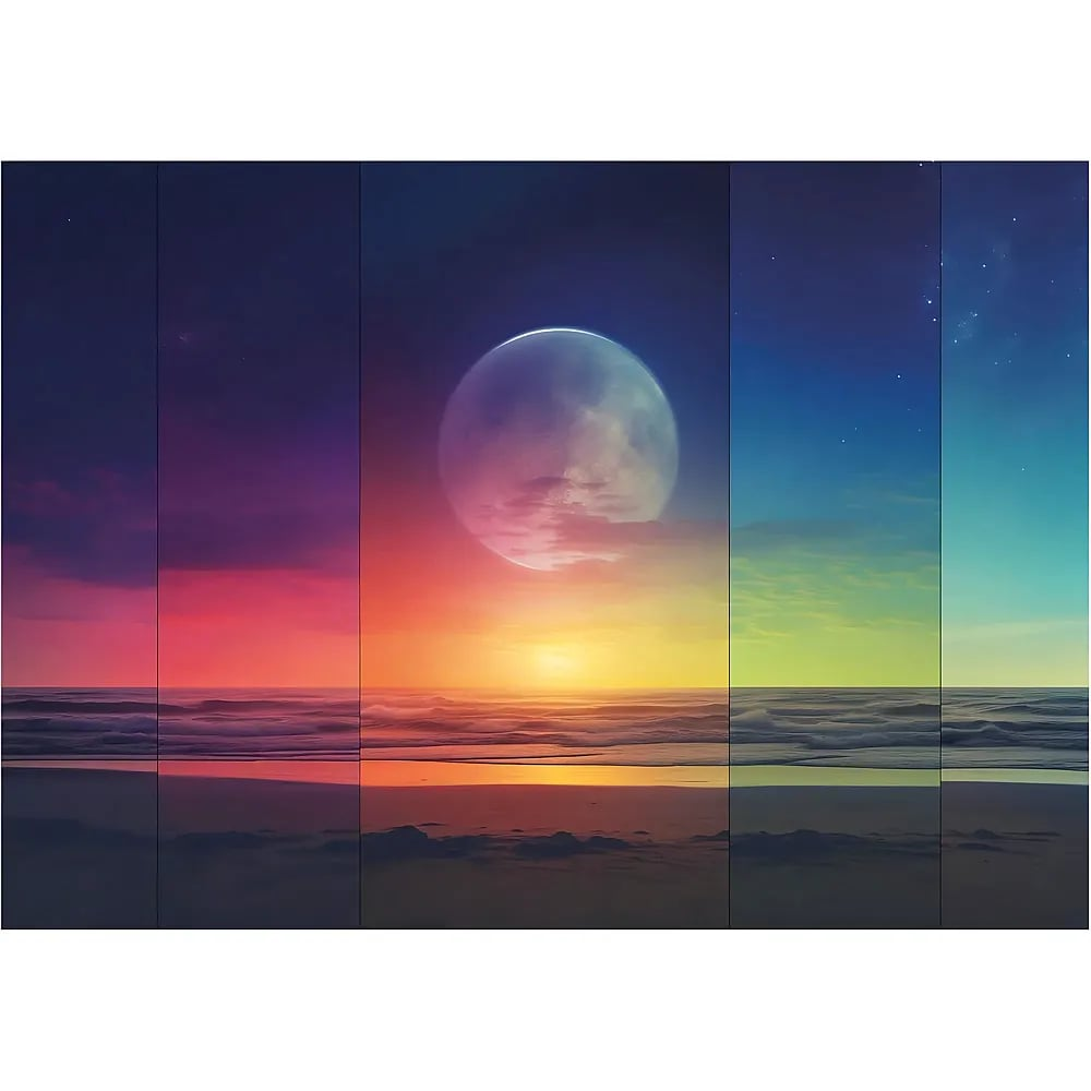 Un cielo nocturno colorido con una gran luna sobre un océano y playa tranquilos, dividido en cinco paneles verticales.
