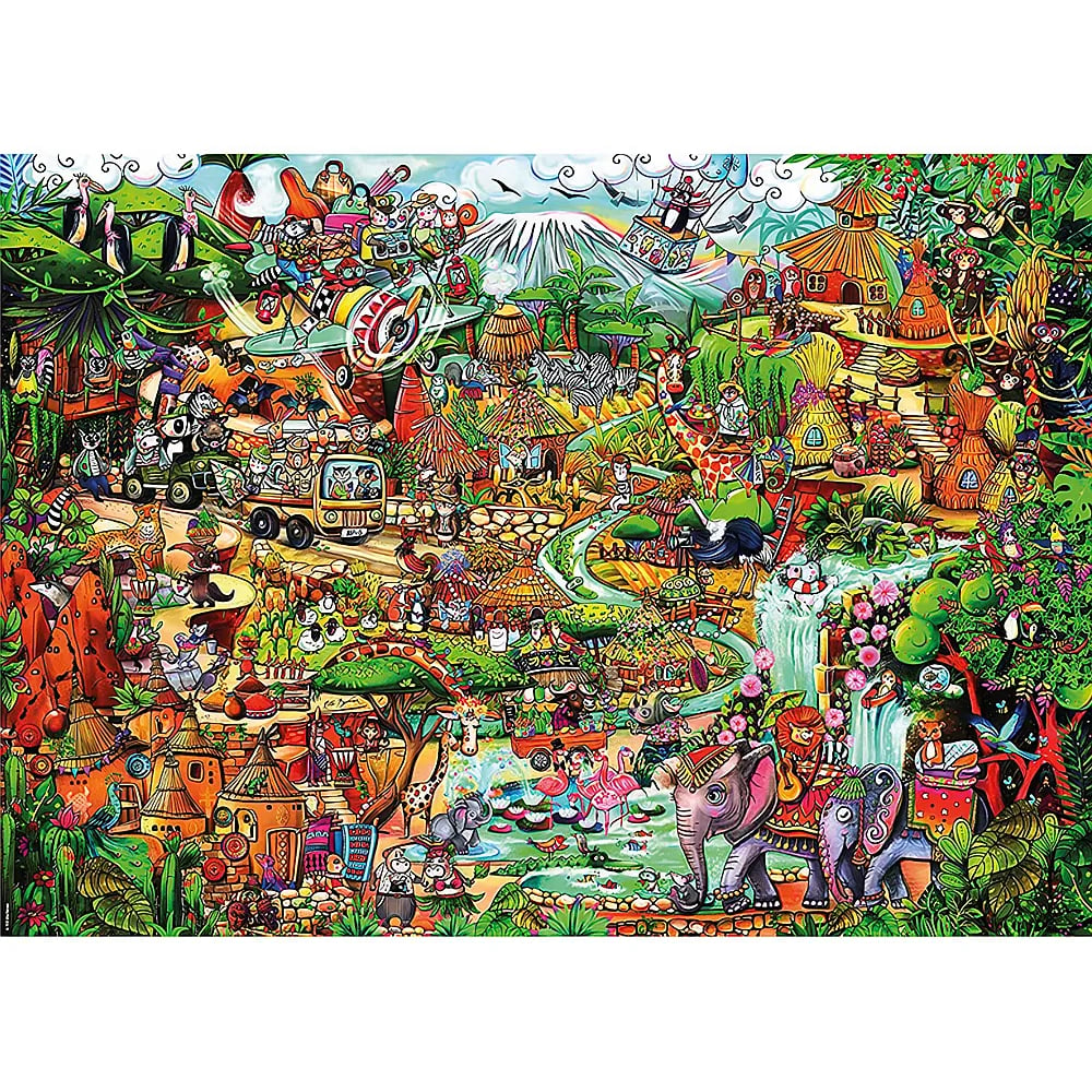 Un puzzle de jungle coloré avec de nombreux animaux, véhicules et un paysage de montagne enneigé.