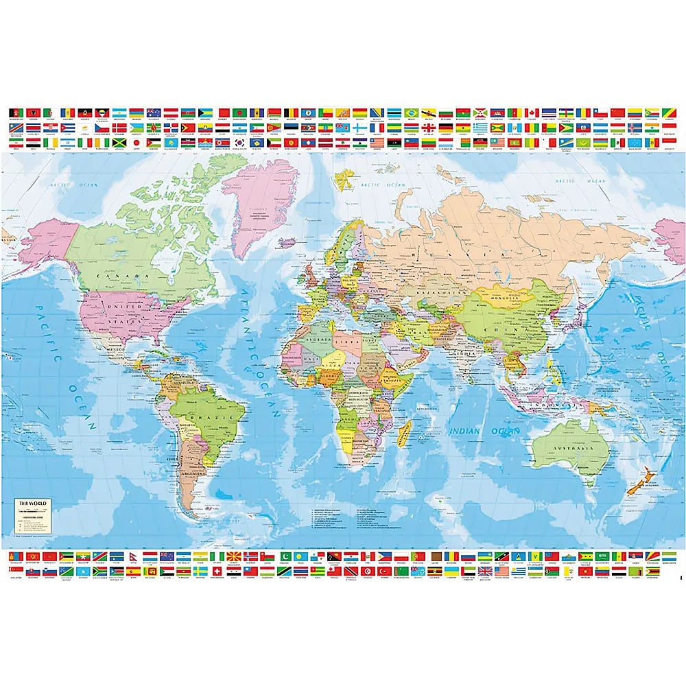 Weltkarte mit farbigen Ländern und Nationalflaggen am oberen und unteren Rand.