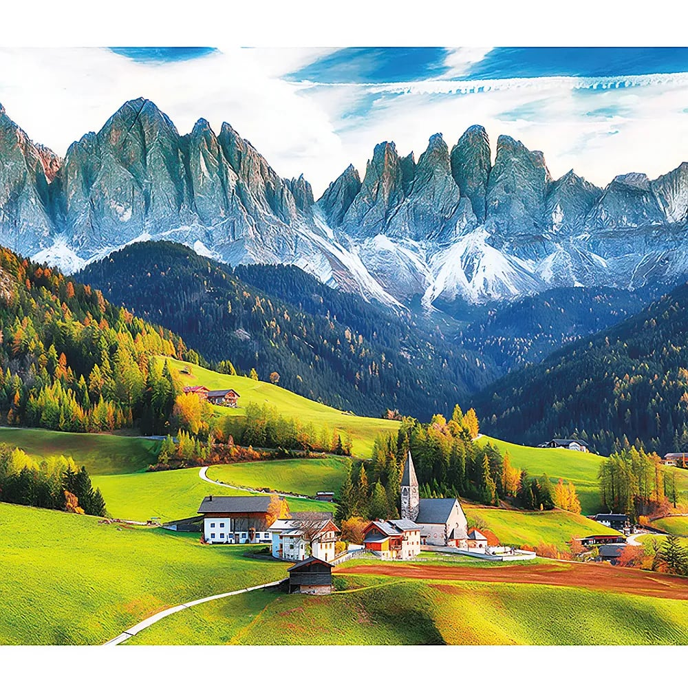 Verdi valli alpine con case affascinanti e una chiesa, sovrastate da montagne innevate.